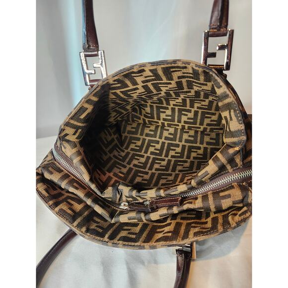 Fendi Zucca Canvas Dome Satchel Handbag Brown Leather Trim FF Silver Hardware - Picture 10 of 16